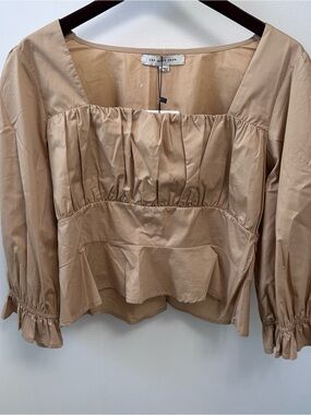 NWT The Good Jane Square Neck Ruched Peplum Blouse Tan Beige Ruffle Cuffs Large